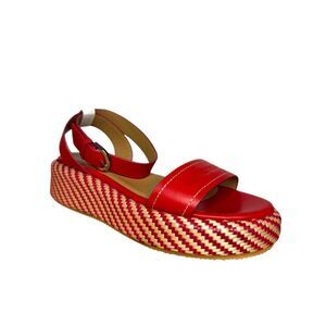 Emporio Armani Women’s EU 37 US 7 Wedge Espadrille Sandals Red Leather Logo NEW